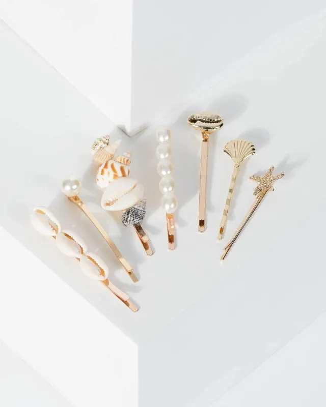 Gold Multi Pack Pearl And Beach Detail Hair Slides sold by Collete Hayman
