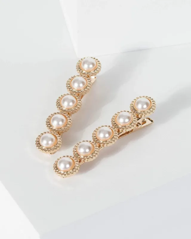 Gold 2 Pack Round Pearl Detail Hair Slides sold by Collete Hayman