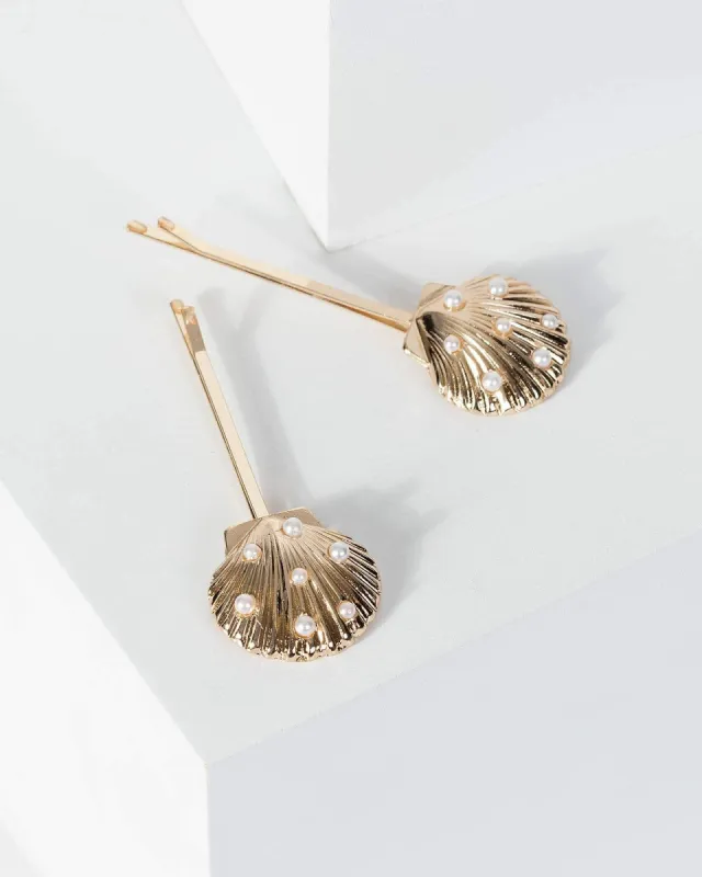 Gold 2 Pack Shell Pearl Detail Hair Slides sold by Collete Hayman