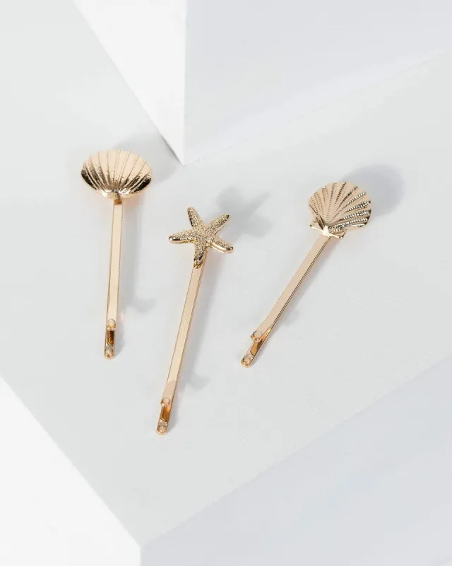 Gold 3 Pack Small Starfish And Shell Hair Slides sold by Collete Hayman