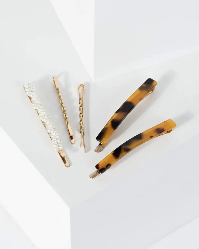 Gold 5 Pack Acrylic Pearl And Metal Hair Slides sold by Collete Hayman