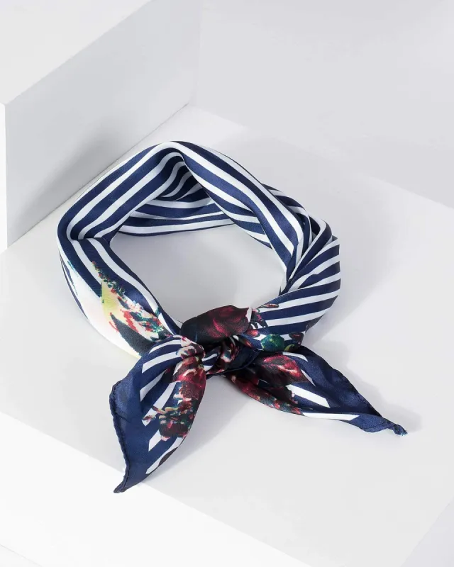 Navy Blue Stripe Floral Head Scarf sold by Collete Hayman