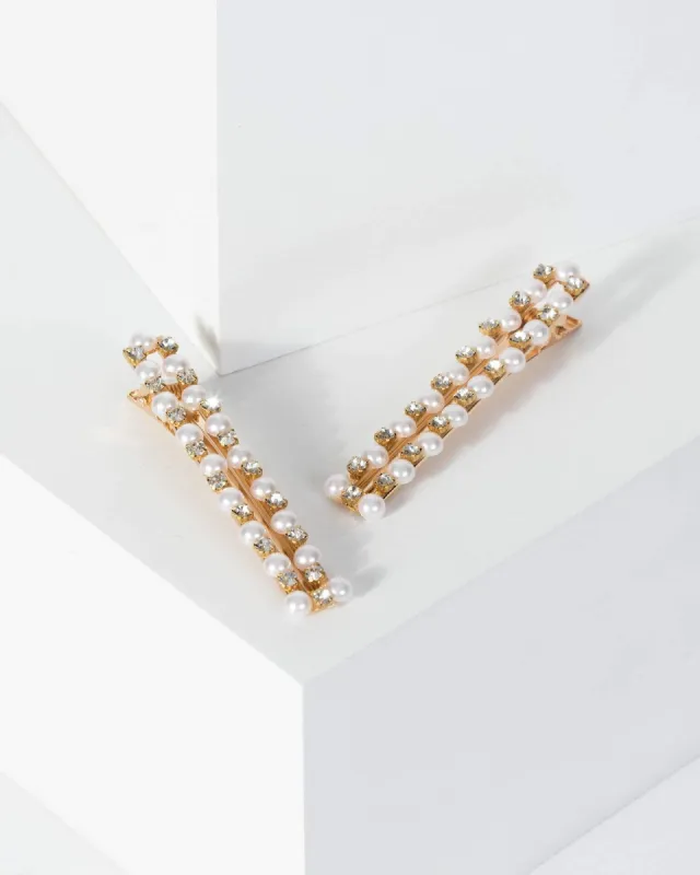 Gold 2 Pack Long Pearl And Diamante Hair Slides sold by Collete Hayman