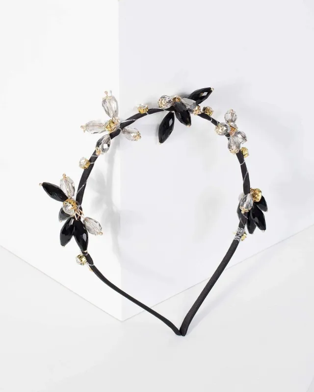 Black Multi Crystal Flower Detail Headband sold by Collete Hayman