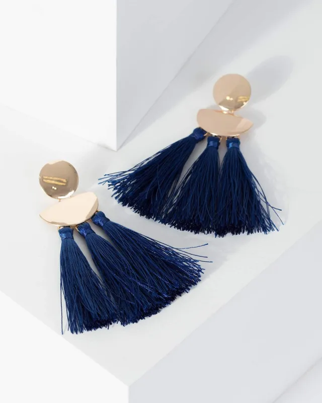 Navy Blue Triple Tassel Drop Earrings sold by Collete Hayman