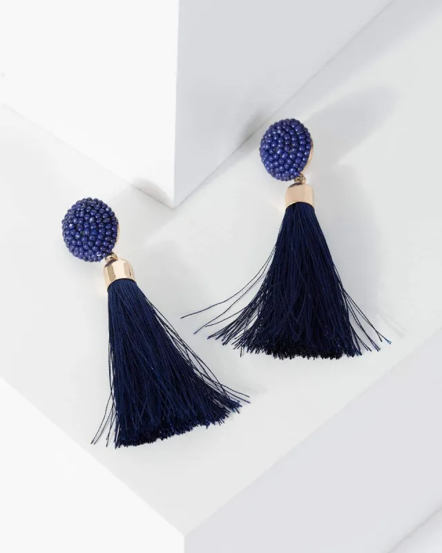 Navy Blue Beaded Tassel Drop Earrings sold by Collete Hayman