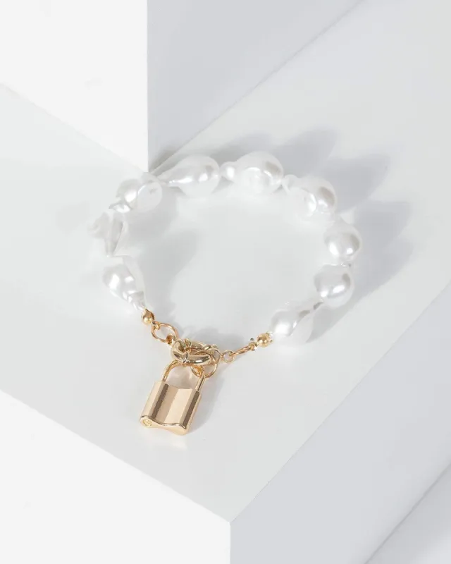 Gold Pearl Padlock Bracelet sold by Collete Hayman