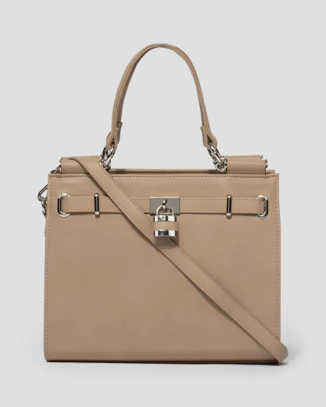 Taupe Stephanie Square Lock Tote Bag sold by Collete Hayman