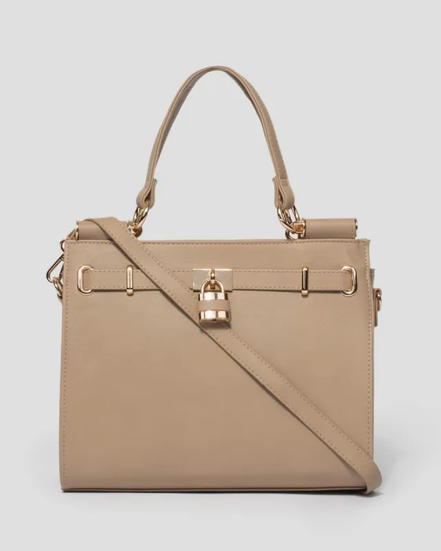 Taupe Stephanie Square Lock Tote Bag sold by Collete Hayman