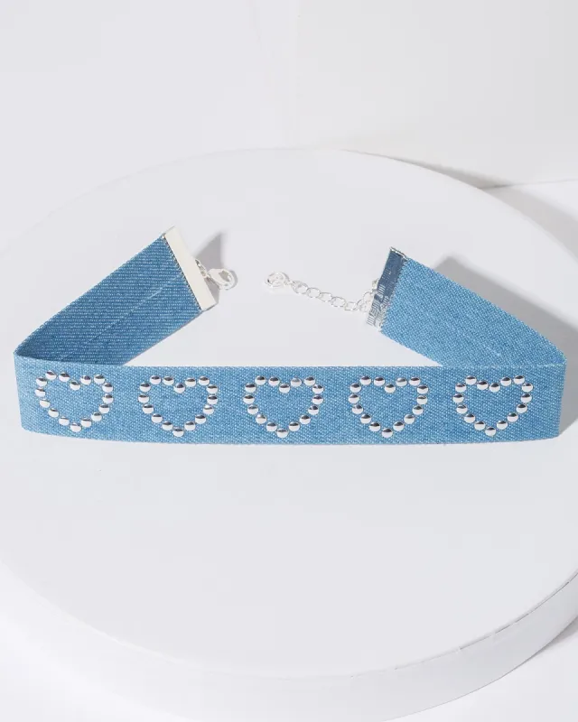 Blue Love Heart Studs Denim Choker Necklace sold by Collete Hayman