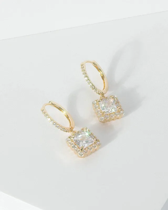 Gold Cubic Zirconia Square Detail Drop Hoop Earrings sold by Collete Hayman