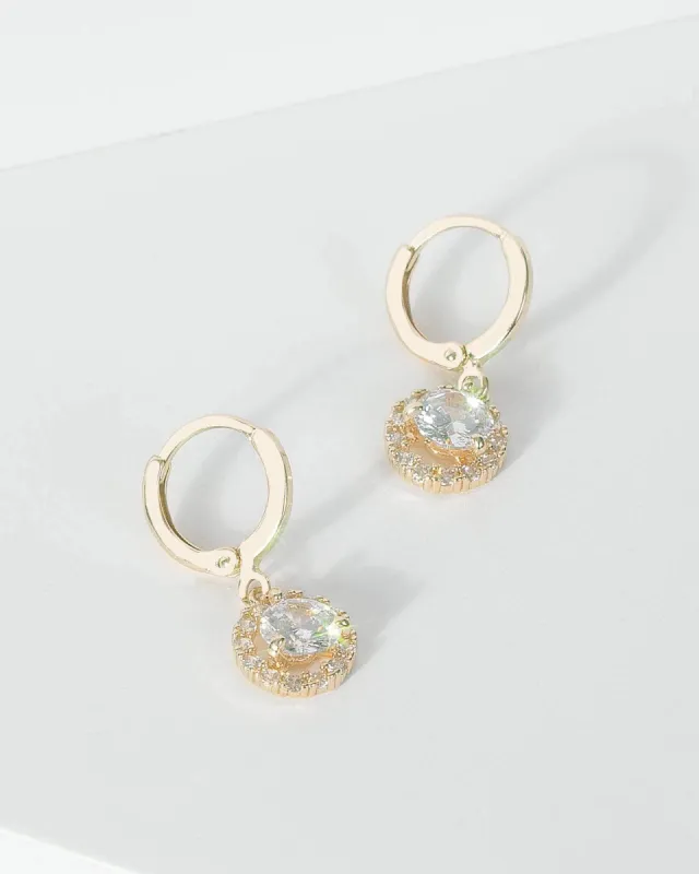 Gold Cubic Zirconia Round Detail Drop Hoop Earrings sold by Collete Hayman