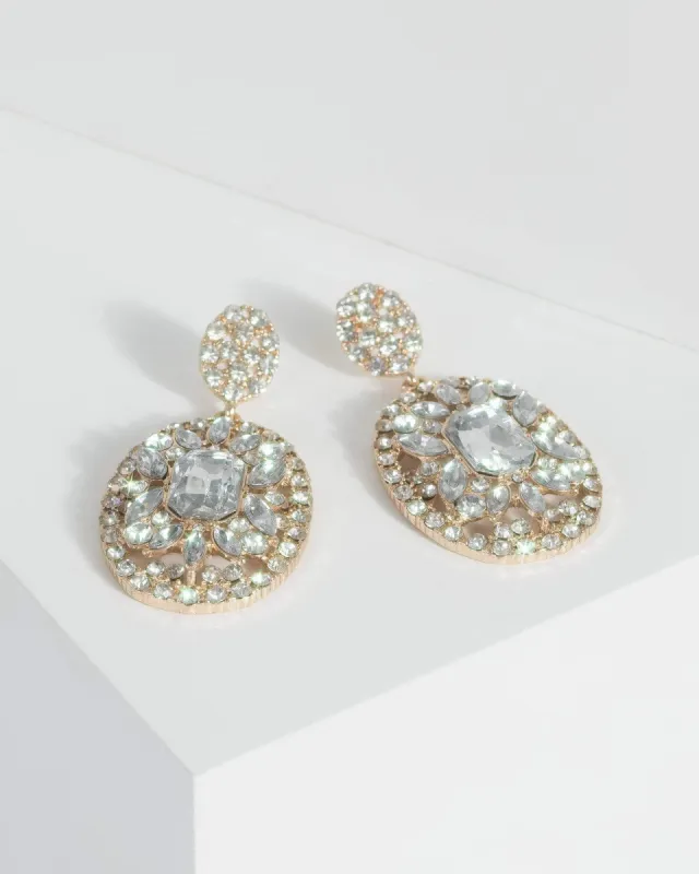 Gold Round Diamante Detail Drop Earrings sold by Collete Hayman