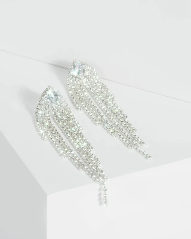 Silver Diamond Crystal Tassel Earrings sold by Collete Hayman