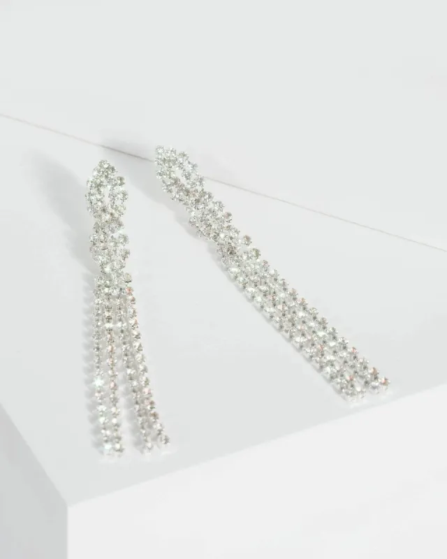 Silver Thin Crossover Diamante Tassel Drop Earrings sold by Collete Hayman