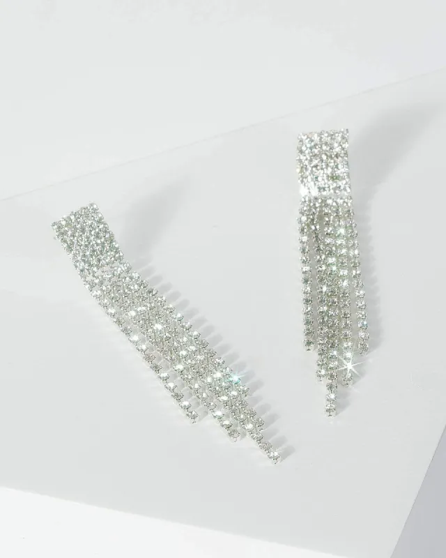 Silver Square Diamante Tassel Drop Earrings sold by Collete Hayman
