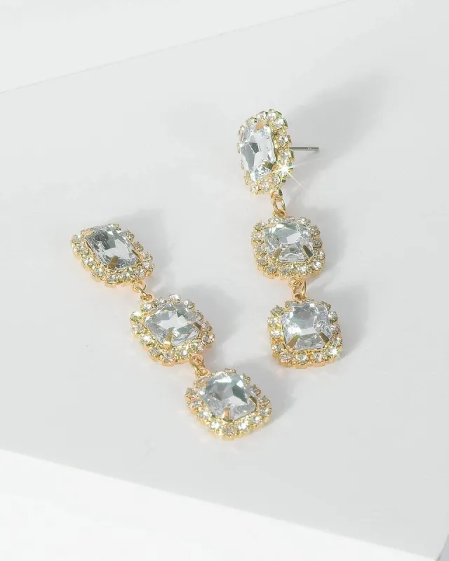 Gold Three Row Diamante Detail Drop Earrings sold by Collete Hayman