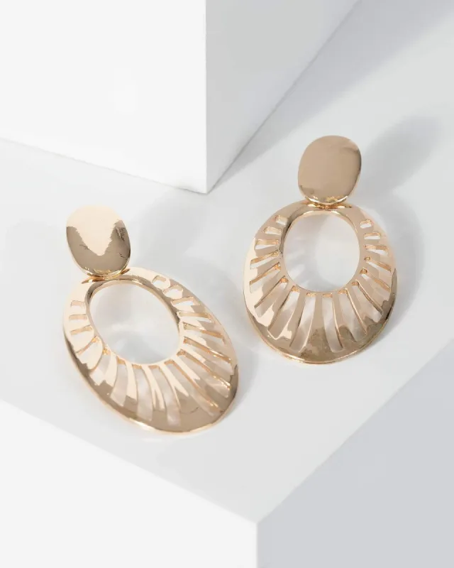 Gold Drop Oval Lined Earrings sold by Collete Hayman