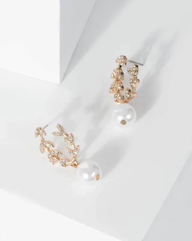 Gold Pave Leaf Pearl Earrings sold by Collete Hayman