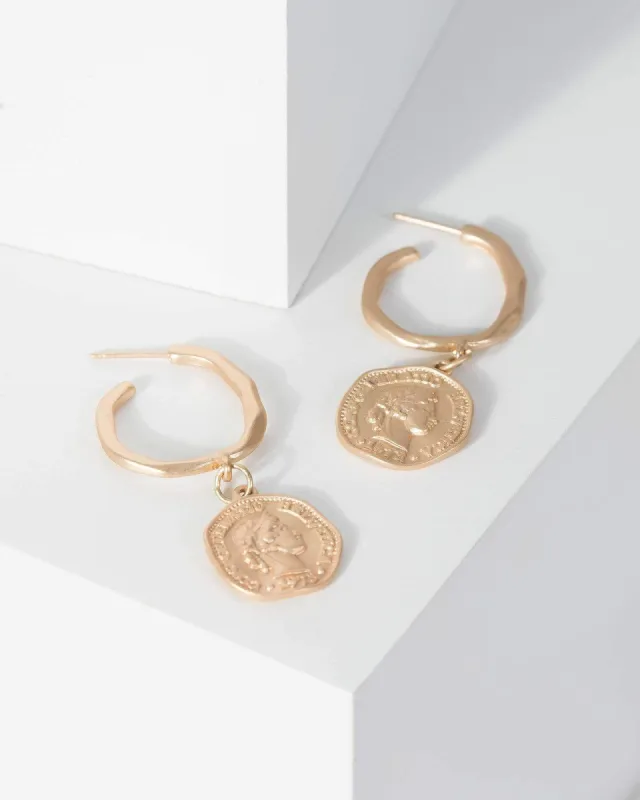 Gold Textured Hoop Coin Pendant Earrings sold by Collete Hayman