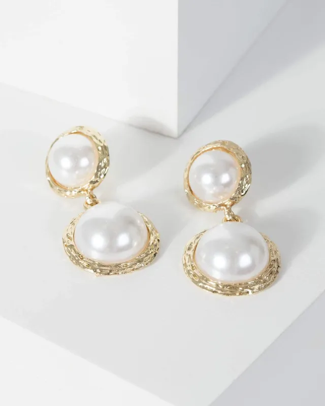 Gold Double Round Pearl Detail Drop Earrings sold by Collete Hayman