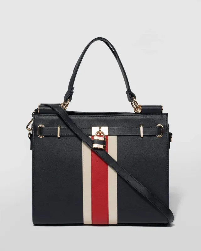 Navy Blue Stephanie Stripe Lock Tote Bag sold by Collete Hayman