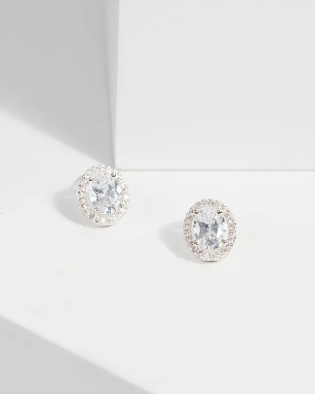 Cubic Zirconia Halo Oval Stud Earrings sold by Collete Hayman