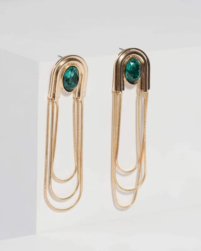 Green Crystal Metal Chain Drop Earrings sold by Collete Hayman
