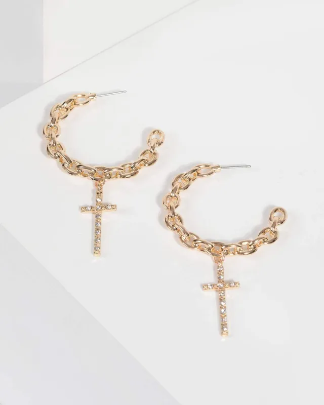 Gold Chain Hoop with Cross Earrings sold by Collete Hayman