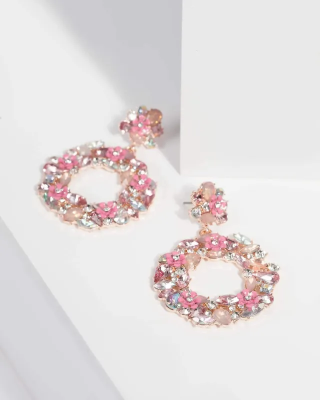 Pink Floral Crystal Encrusted Drop Earrings sold by Collete Hayman