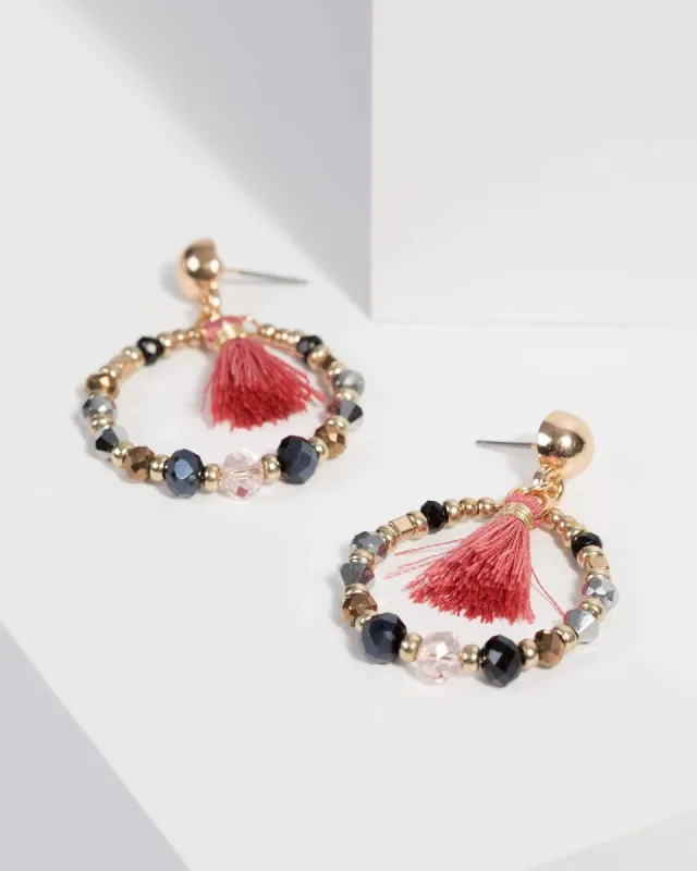 Pink Mixed Bead Tassel Drop Earrings sold by Collete Hayman