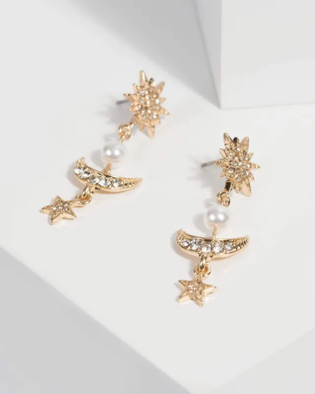 White Pearl Star Moon Drop Earrings sold by Collete Hayman