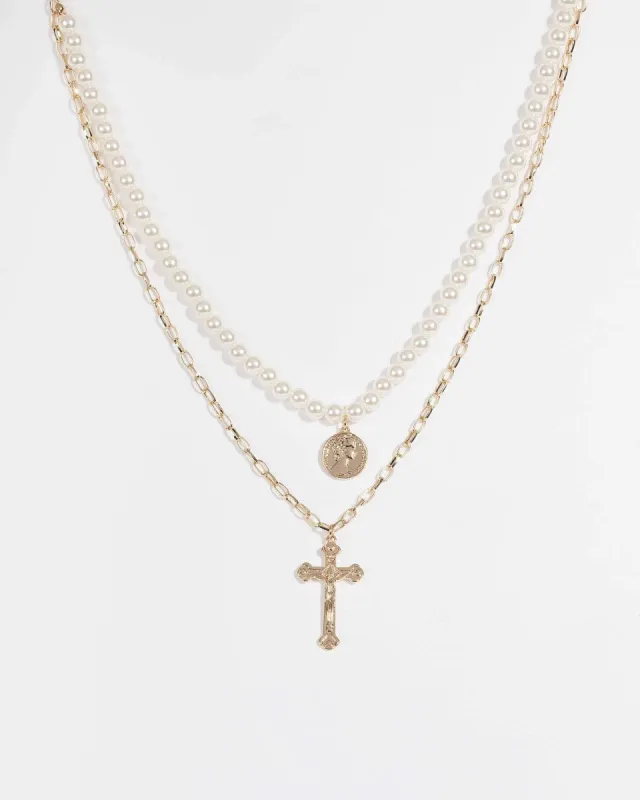 Pearl Beaded Cross Pendant Necklace sold by Collete Hayman