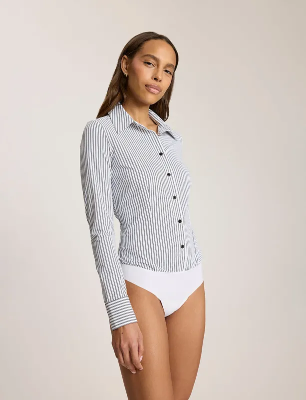Yarn Dyed Stripes Button Down Long Sleeve Bodysuit made by Commando