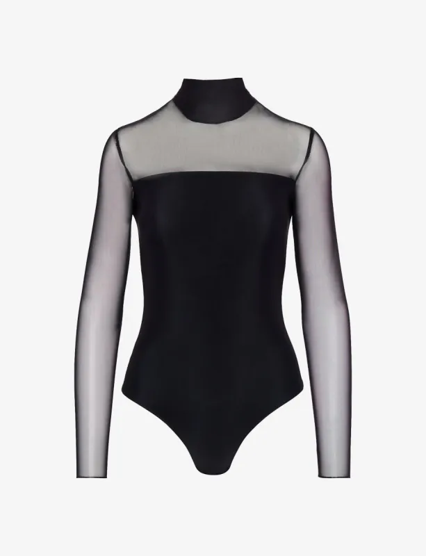 Chic Mesh Mockneck Long Sleeve Covered Bodysuit made by Commando