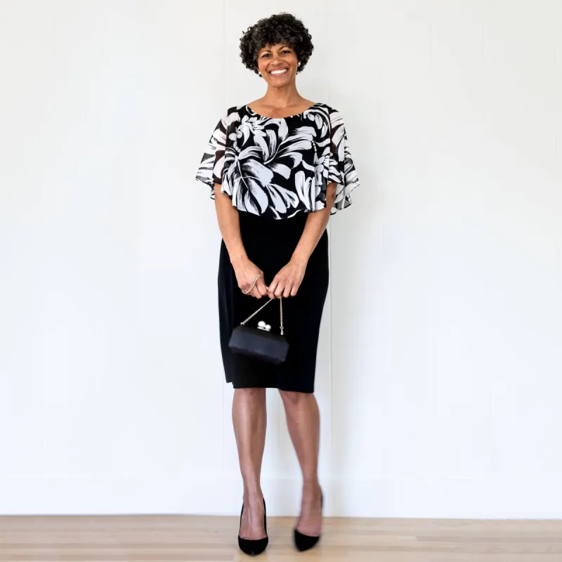 Alyssa Black Floral Cape Dress sold by connected apparel