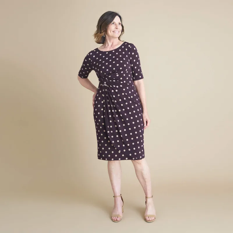 Lisa Aubergine Polka Dot Faux Wrap Dress sold by connected apparel