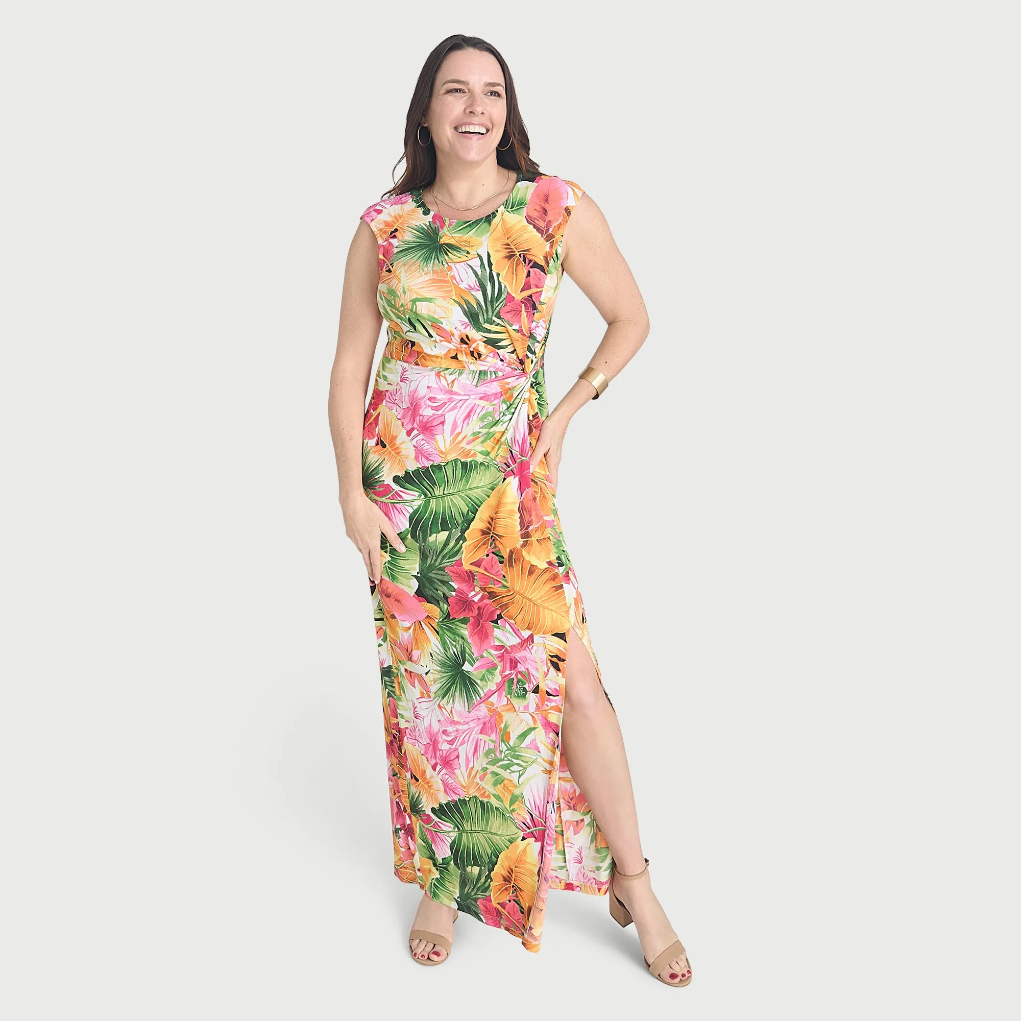 Mila Orange Tropical Print Side-Slit Dress sold by connected apparel