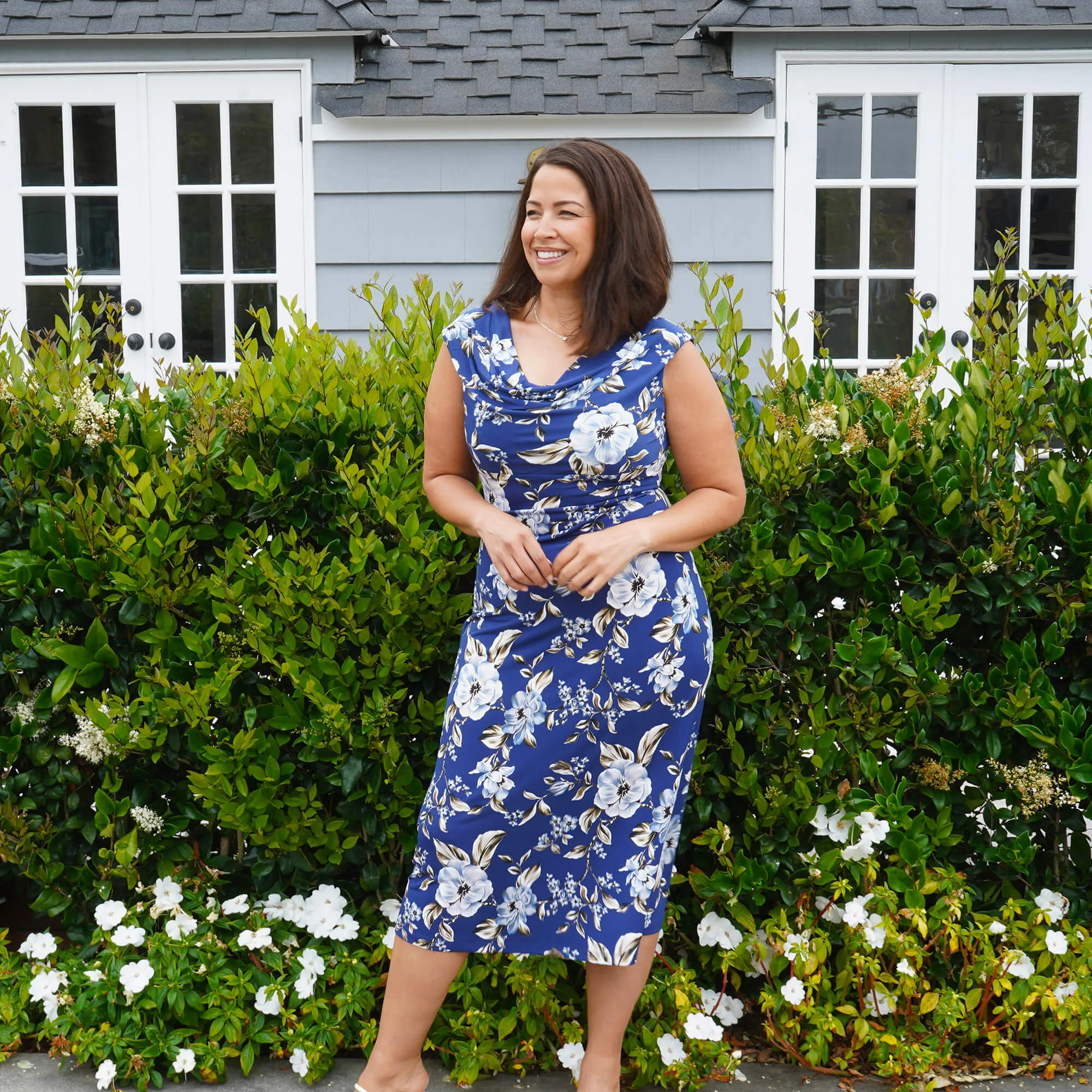 Tonya Blue Cowl Neck Midi Dress sold by connected apparel