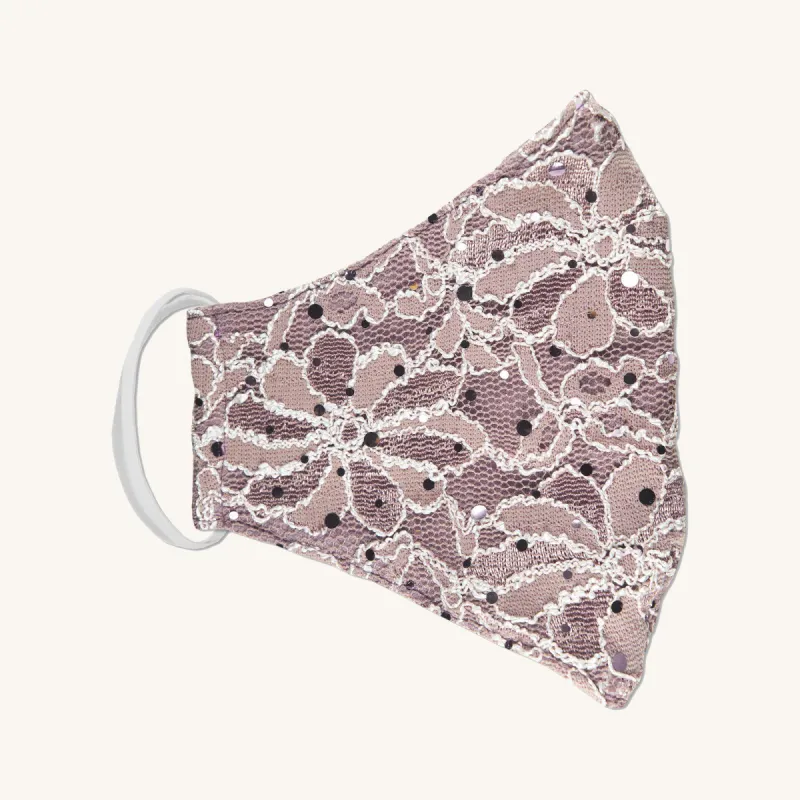 Two-Tone Rosewood Pink Lace Sequin Face Mask sold by connected apparel
