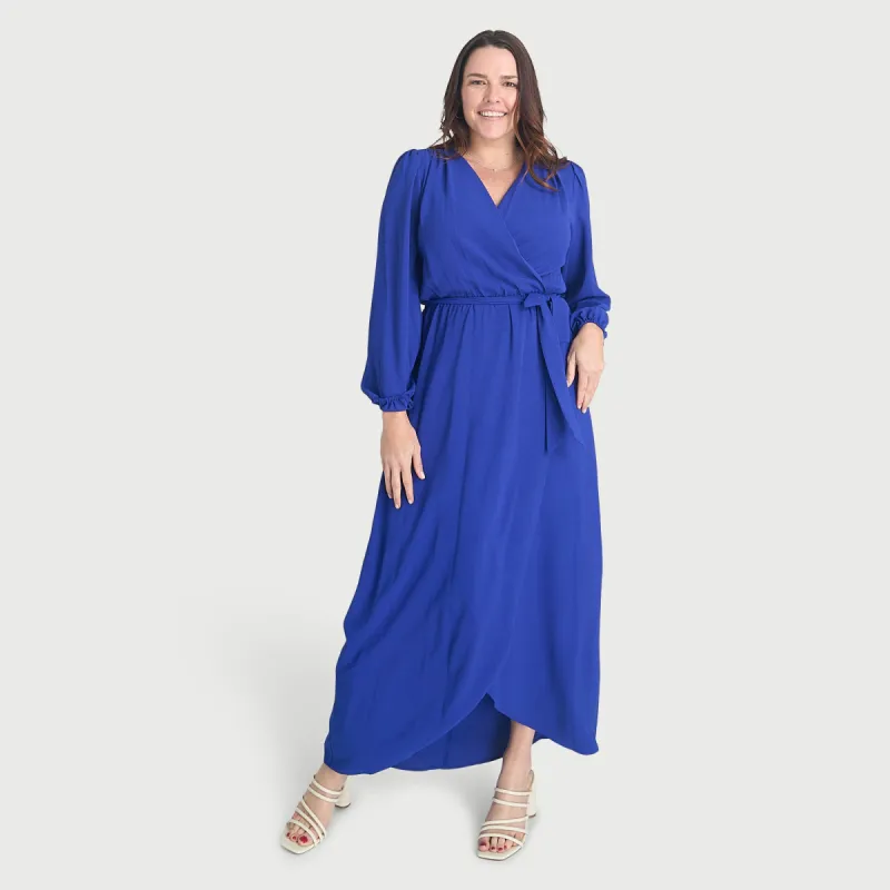 Shannon Sapphire Maxi Wrap Dress sold by connected apparel