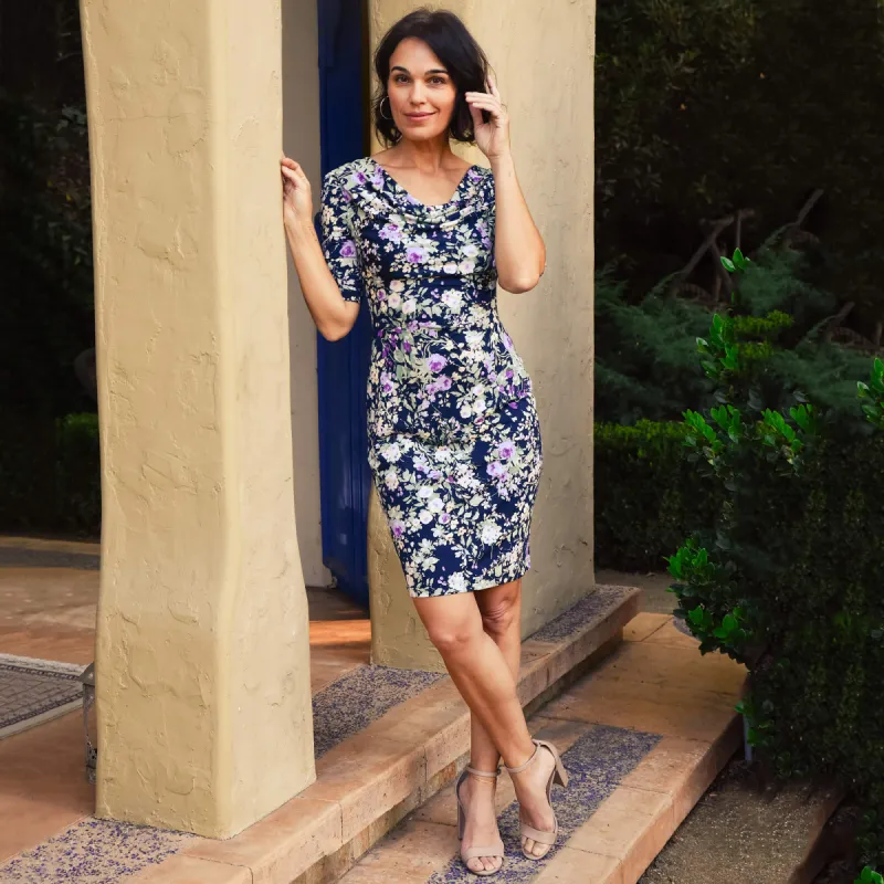 Tina Navy and Lavender Floral Cowl Neck Dress sold by connected apparel