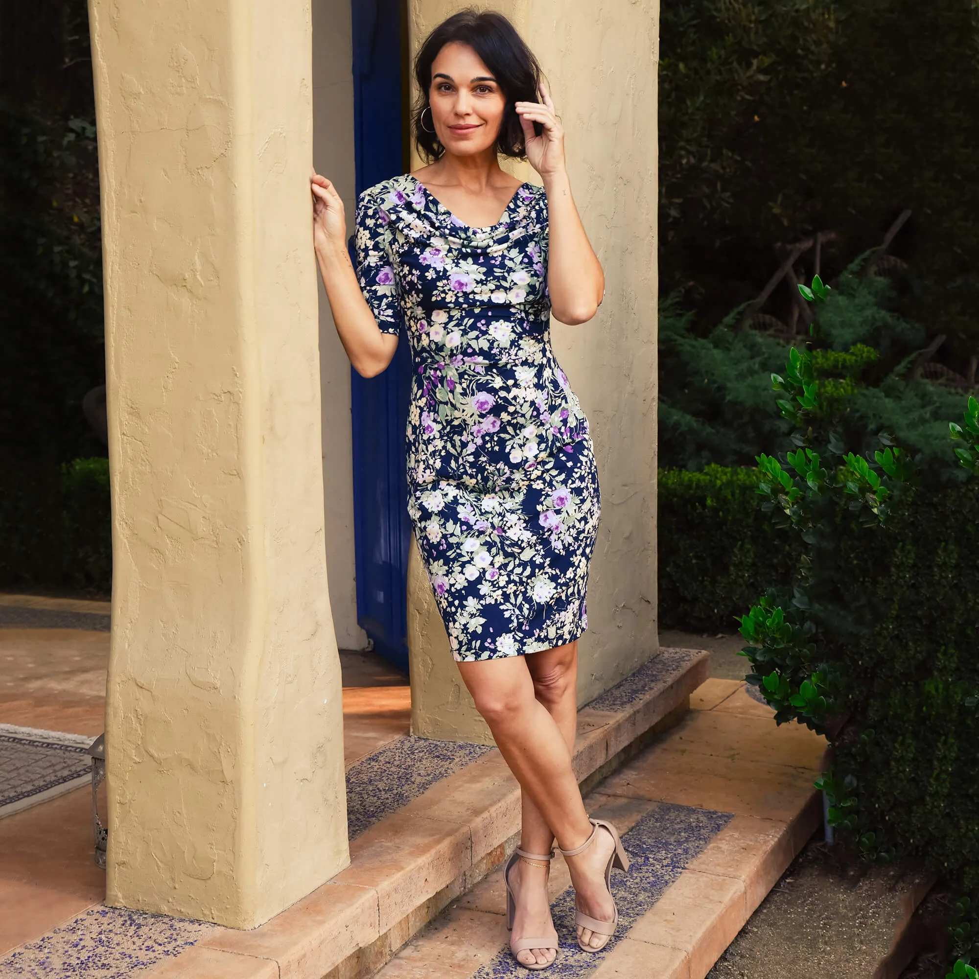 Tina Navy and Lavender Floral Cowl Neck Dress sold by connected apparel
