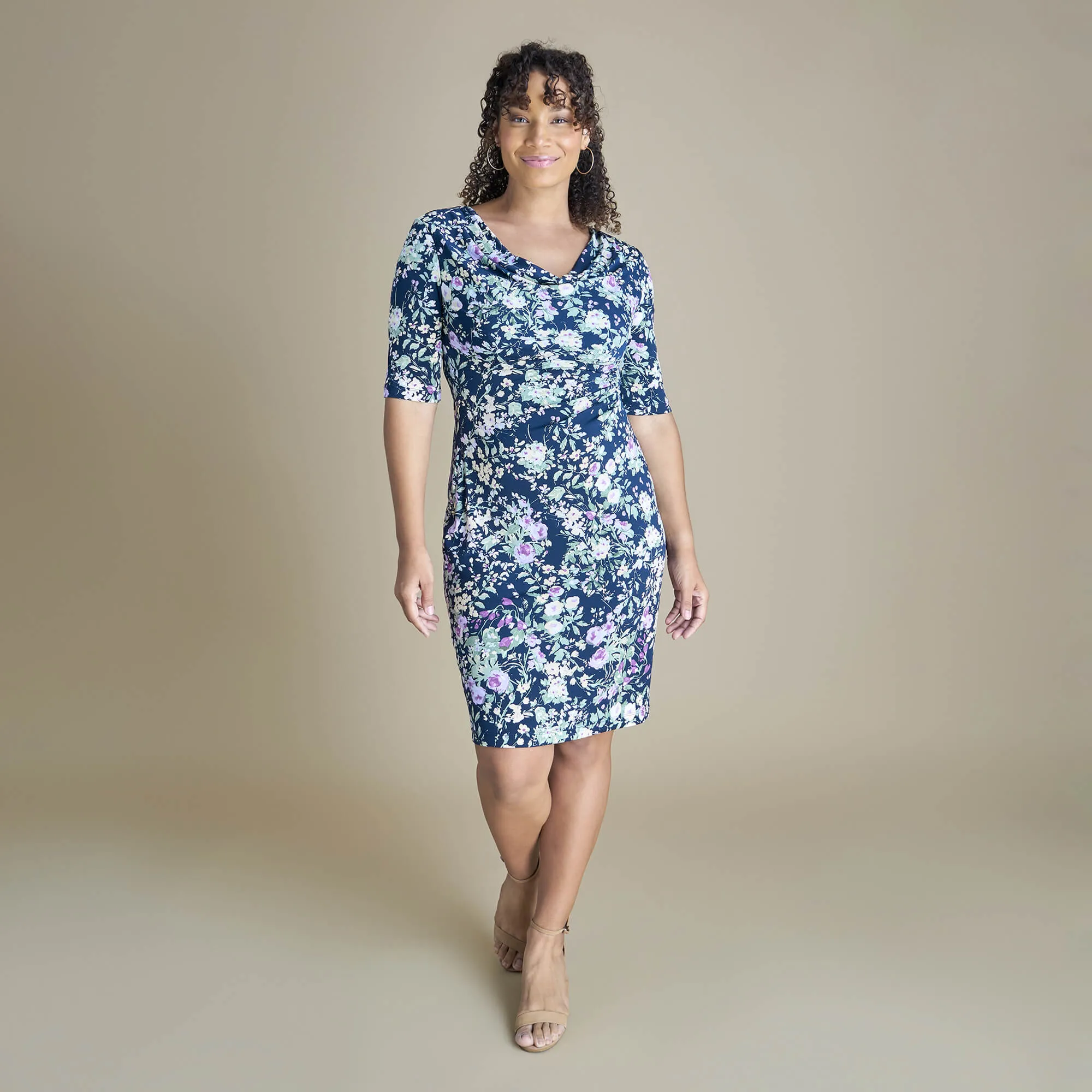 Tina Navy and Lavender Floral Cowl Neck Dress sold by connected apparel product image thumbnail 2