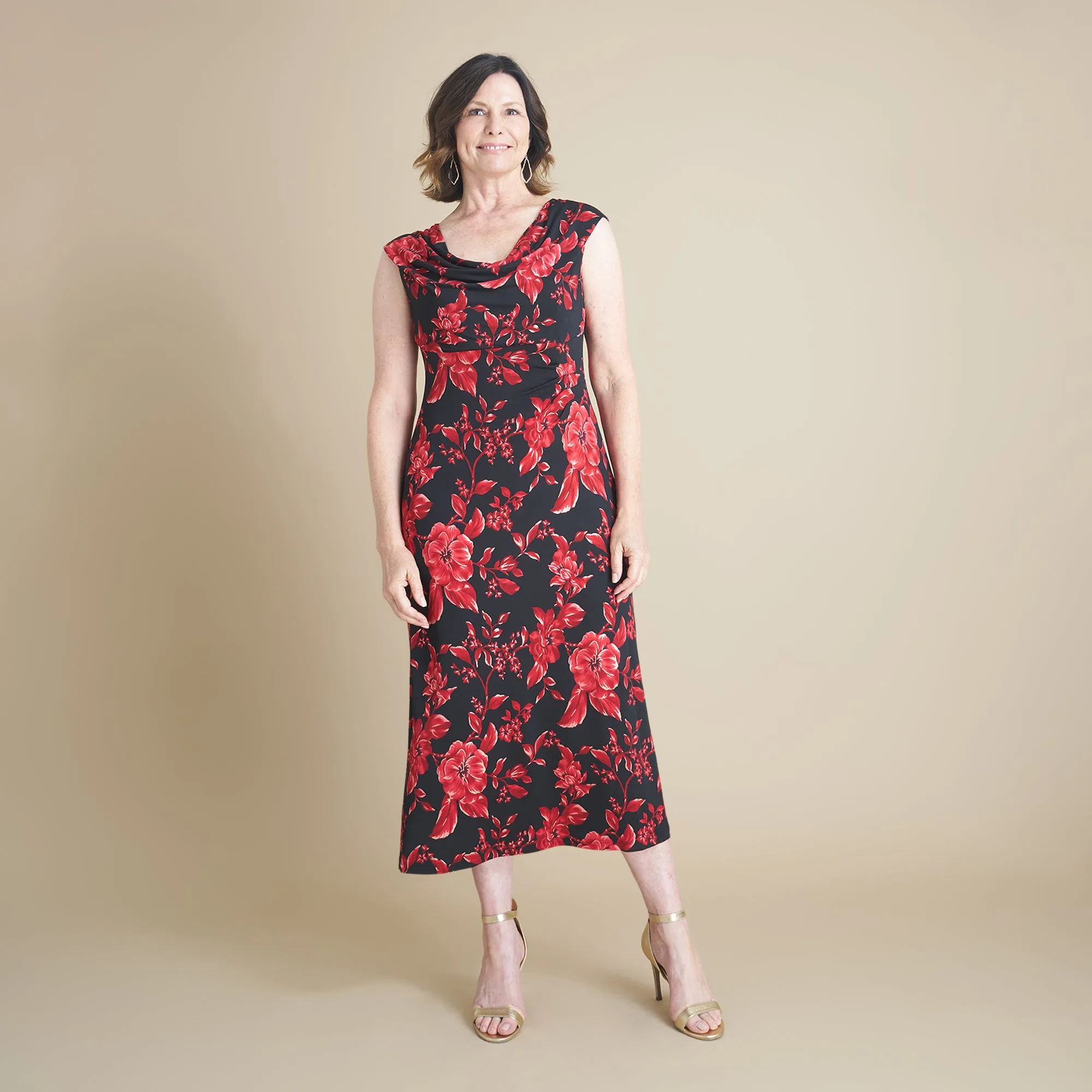 Tonya Red Floral Cowl Neck Midi Dress sold by connected apparel