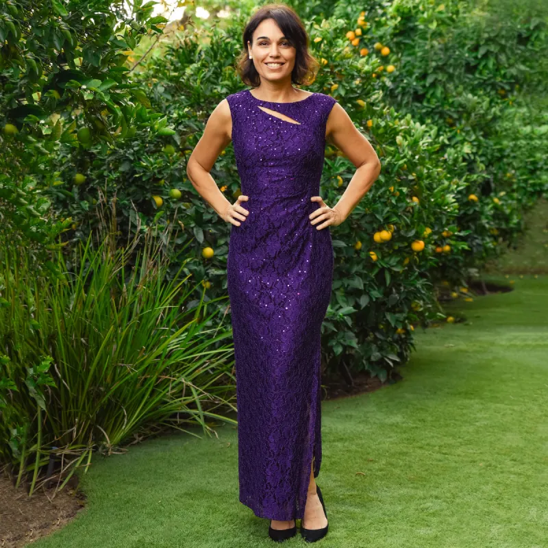 Elizabeth Eggplant Sequin Lace Floor Length Dress sold by connected apparel