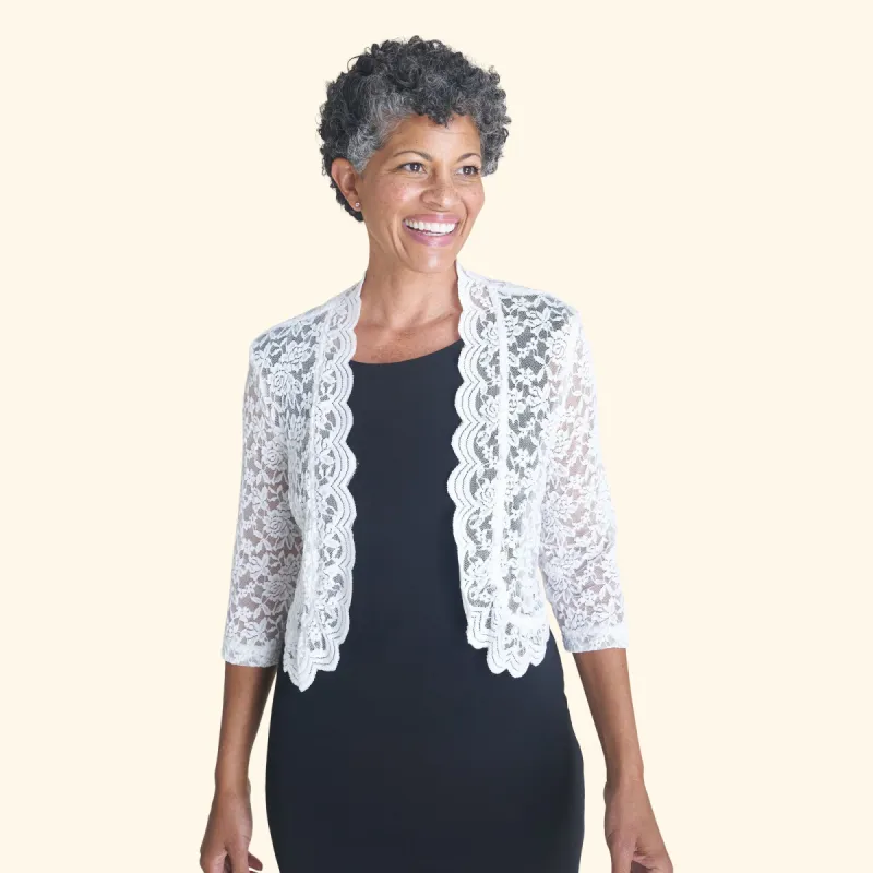 Talula Scalloped Lace White Shrug sold by connected apparel