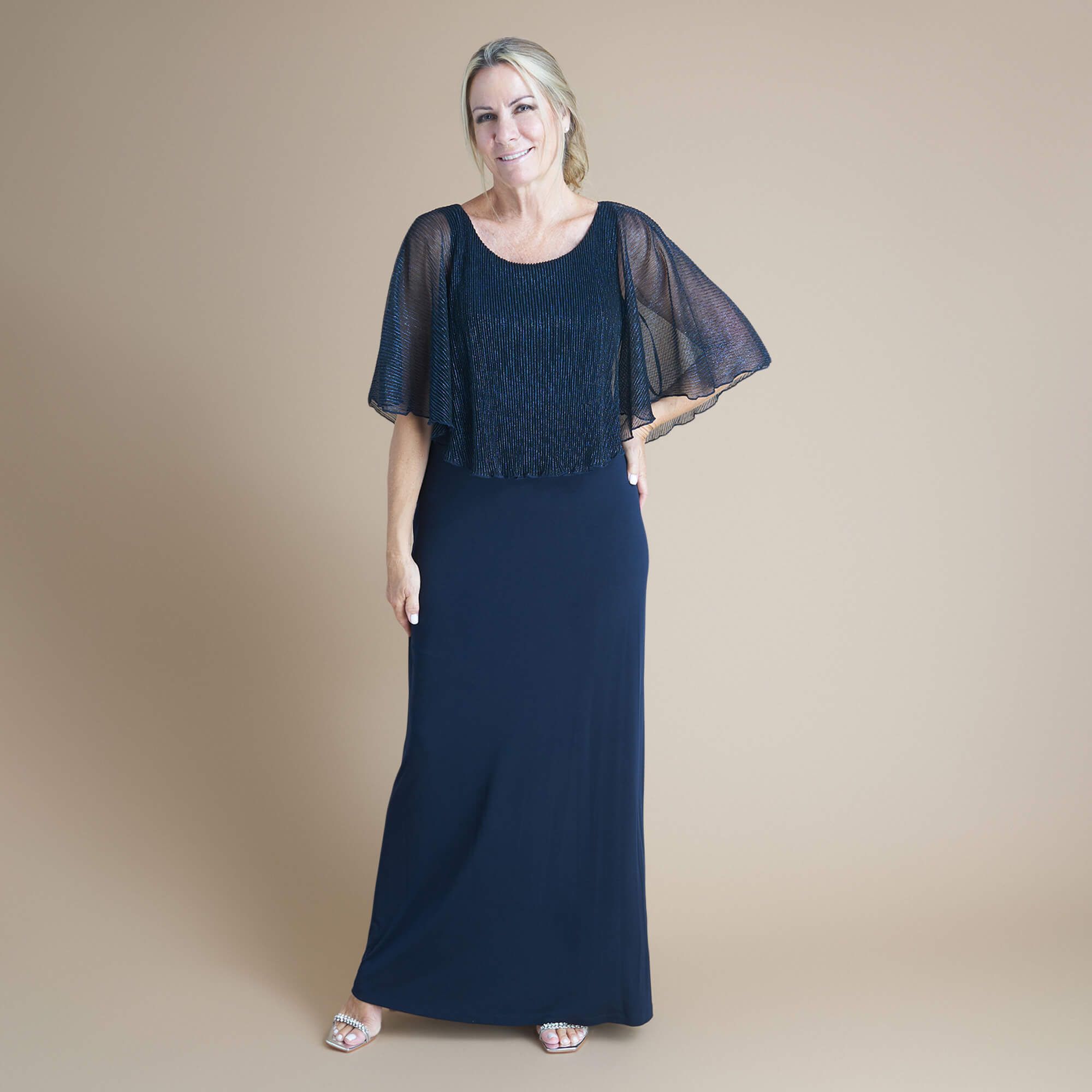 Alyssa Navy Metallic Cape Dress sold by connected apparel