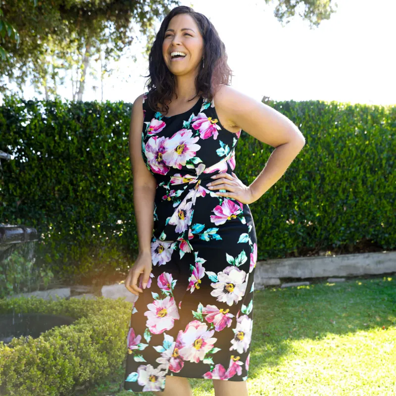 Selena Black Floral Sleeveless Knot Dress sold by connected apparel