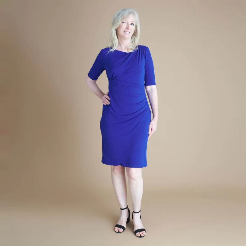 Carrie Deep Cobalt Asymmetrical Wrap Dress sold by connected apparel